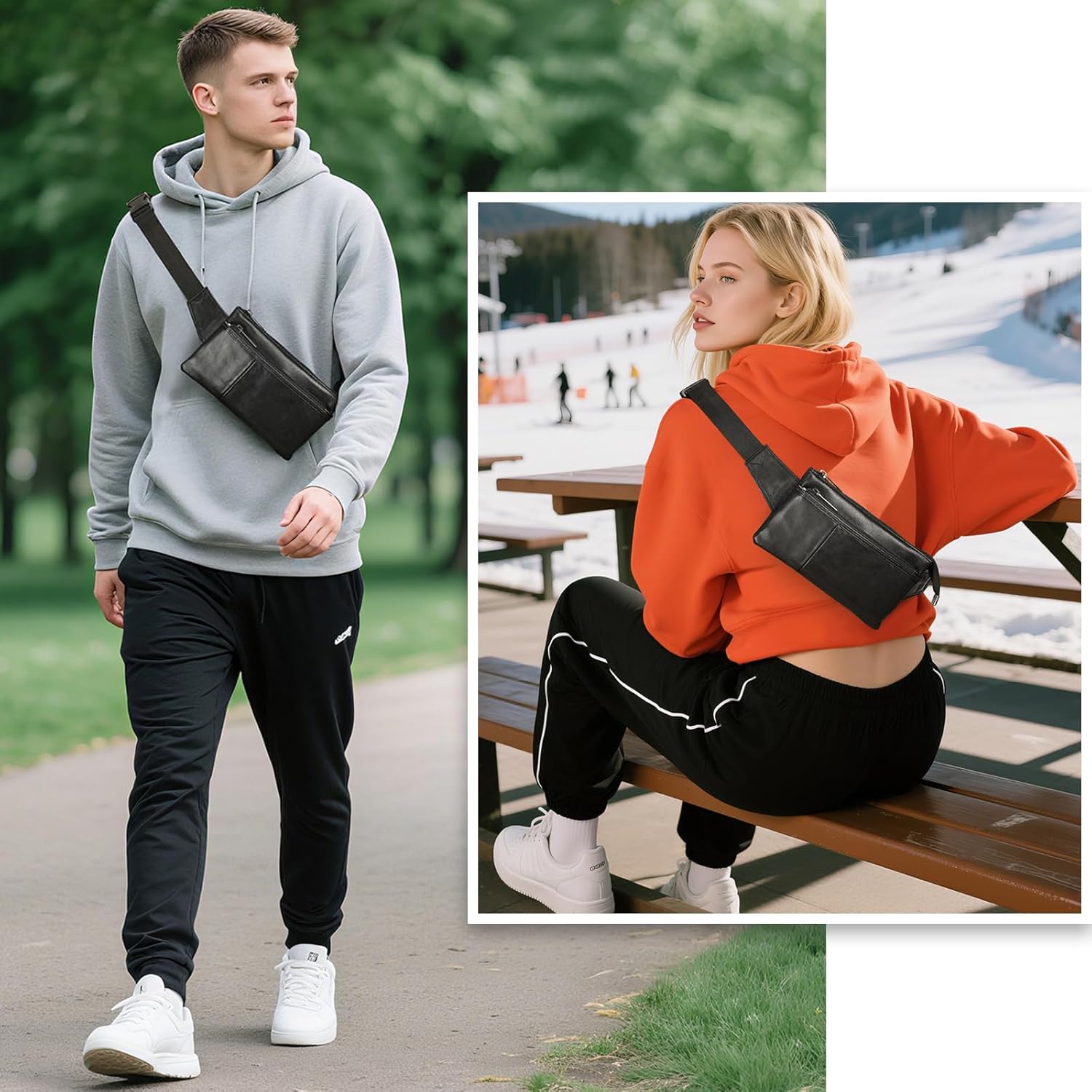 Fanny Pack for Men and Women, Super Lightweight Waist Pack Belt Bag Hip Crossbody Purse - Soft Lambskin Leather Black