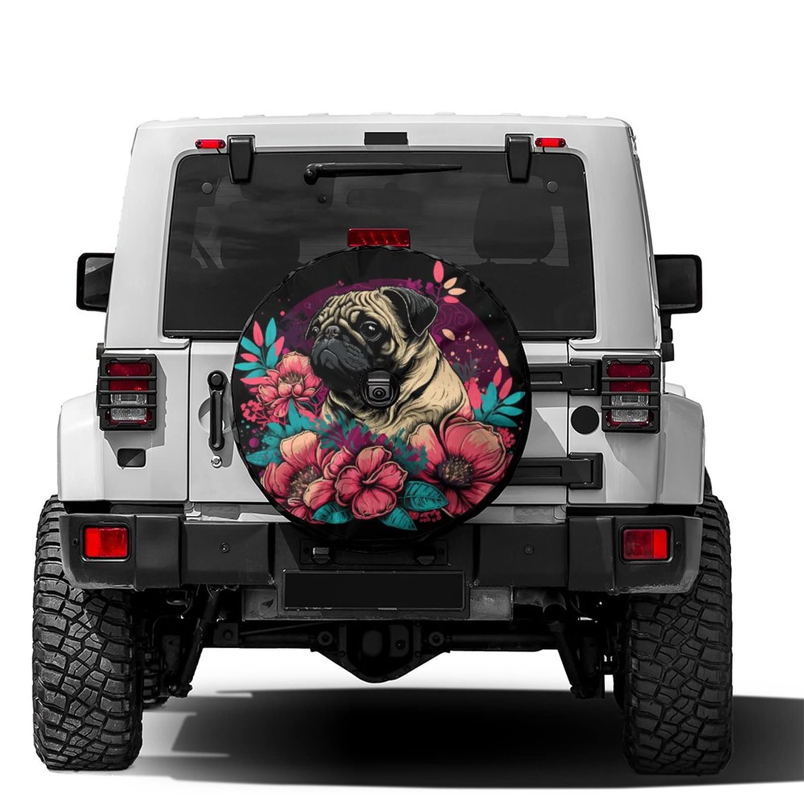 Delerain Spare Tire Cover with Backup Camera Hole Pug with Flowers Wheel Covers Waterproof Dust-Proof UV Sun Universal Fit for Jeep Trailer RV SUV Truck (17 Inch for Diameter 31"-33")