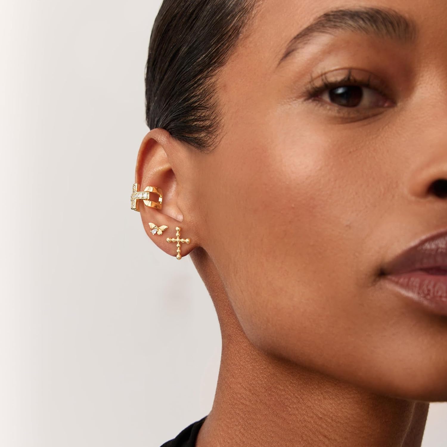 Ear Cuff Earrings for Women 14K Gold Plated Cubic Zirconia Sparkling Hollow Trendy Huggie Ear Cuffs Non Piercing | Clip On Cartilage | Single - Image 3