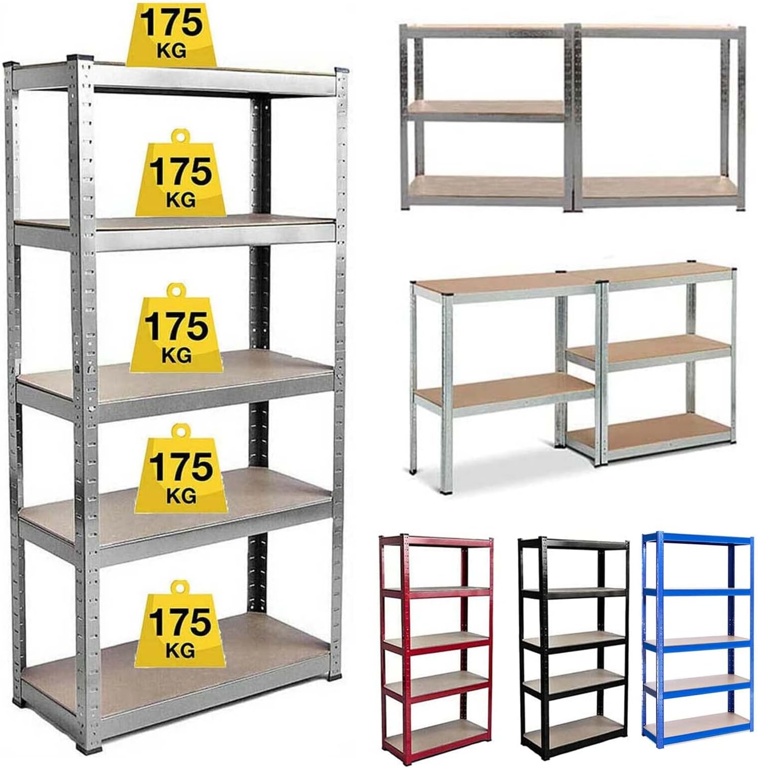 Heavy Duty 5 Tier Boltless Shelving Unit Warehouse Garage Utility Home Storage Rack, 5 Adjustable Shelves (175KG Per Shelf), Can be split to create 2 seperate Shelf Units, 150 x 70 x 30cm - Galvanised