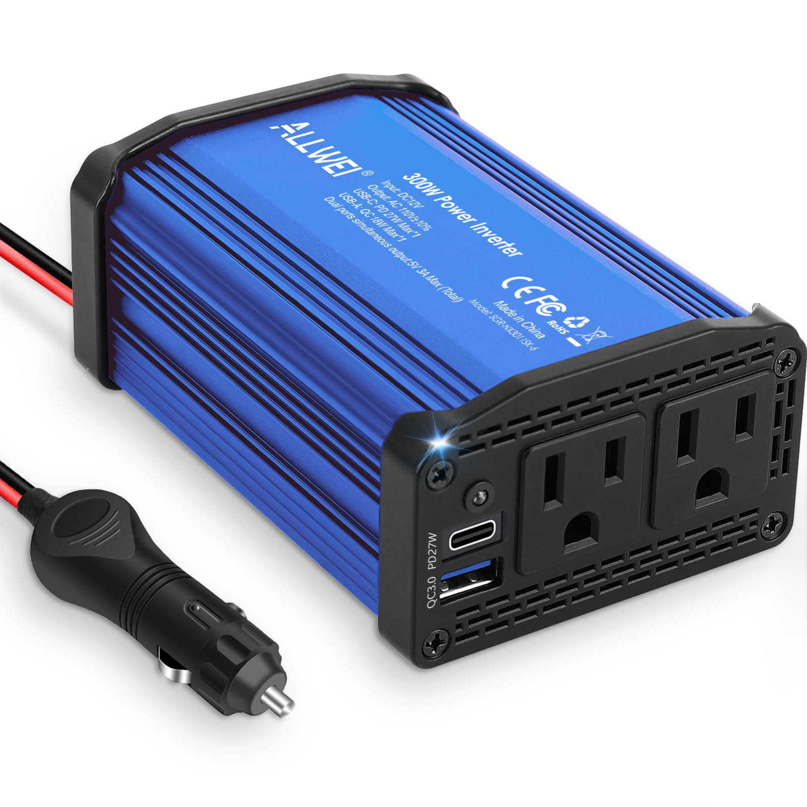 ALLWEI 300W Car Power Inverter, DC 12V to 110V AC Converter Car Plug Adapter Outlet with 27W PD USB-C & 18W USB-A Fast Charge, Car Cigarette Lighter Charger for Phone, Laptop, Tablet - Blue