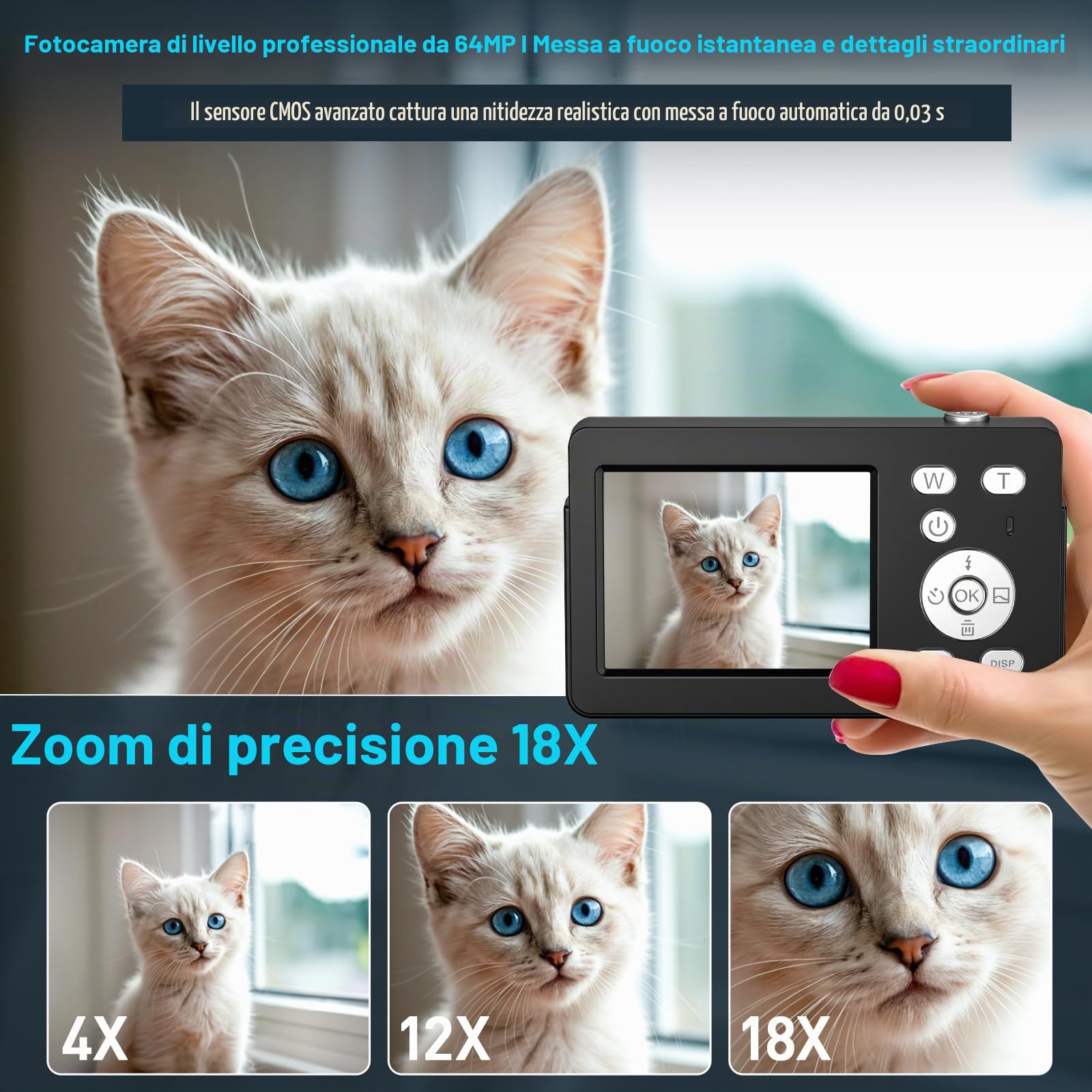 Macchina Fotografica Digitale,Fotocamera Digitale Compatta 4K 64MP (Pelle Nero) | Scheda da 32 GB, Anti-vibrazione, Zoom 18X, Videocamera per Vlogging per Adolescenti, Principianti, Adult (Pelle Nera)