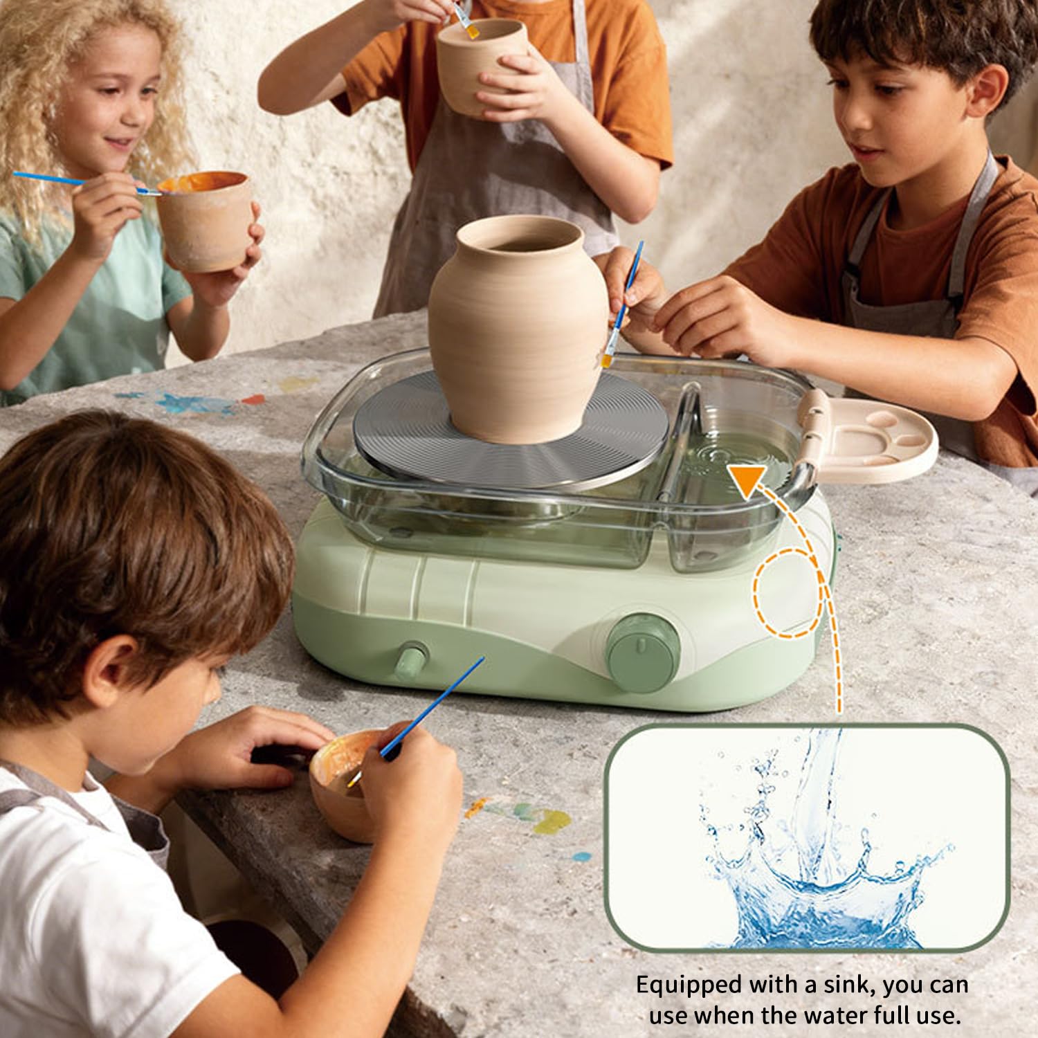 Elektrisch Töpferscheibe, 200R/min Pottery Wheel, 17.5cm Drehteller Tonmaschine mit Waschbecken und Schubladen, Stufenlose Geschwindigkeitsanpassung für DIY Bastelprojekte für Kinder und Erwachsene