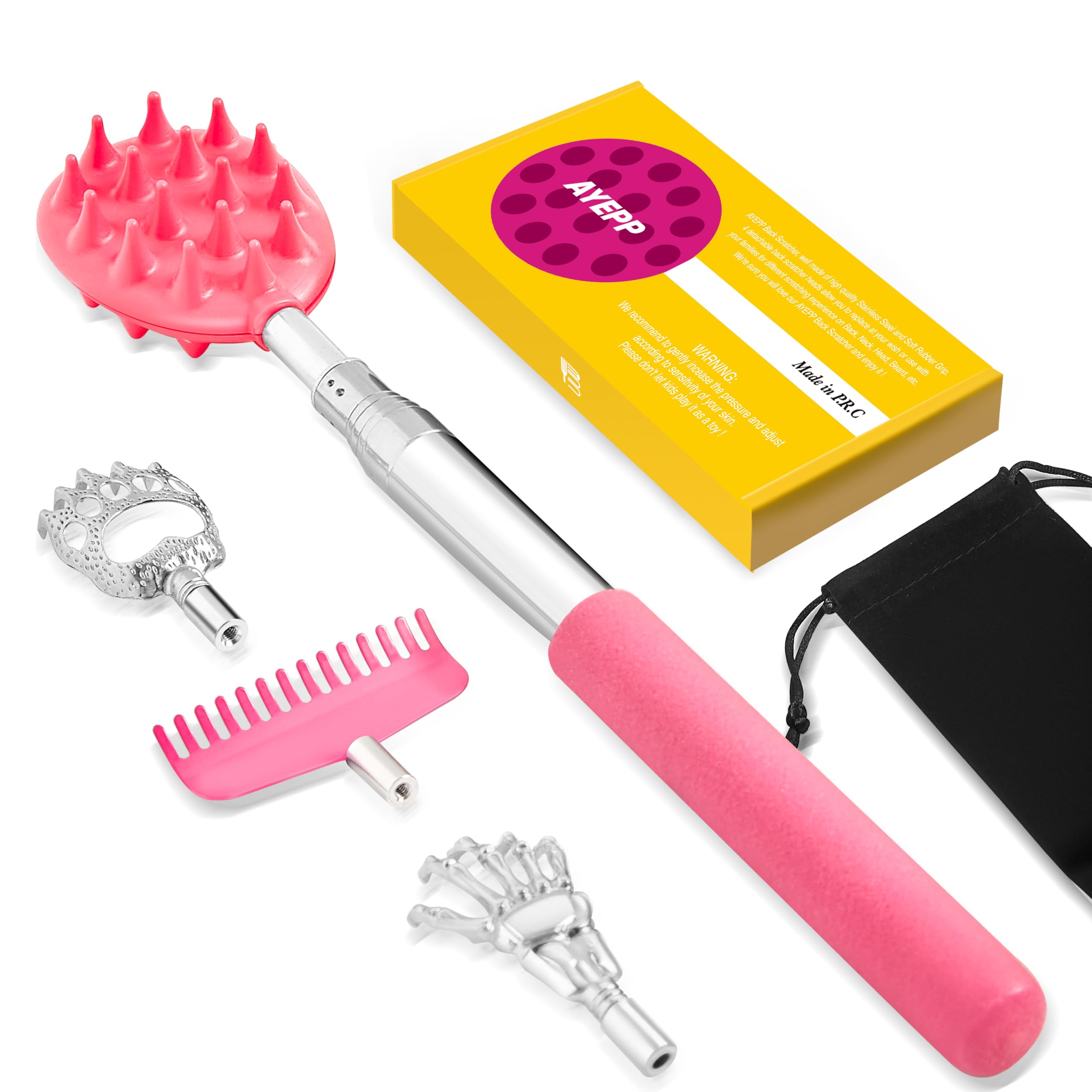 AYEPP 5-in-1 Oversized Telescoping Back Scratcher with 4 Detachable Heads.Funny Gift for Men/Women/Elder/Father/Mother/Kid/Pets Extendable and