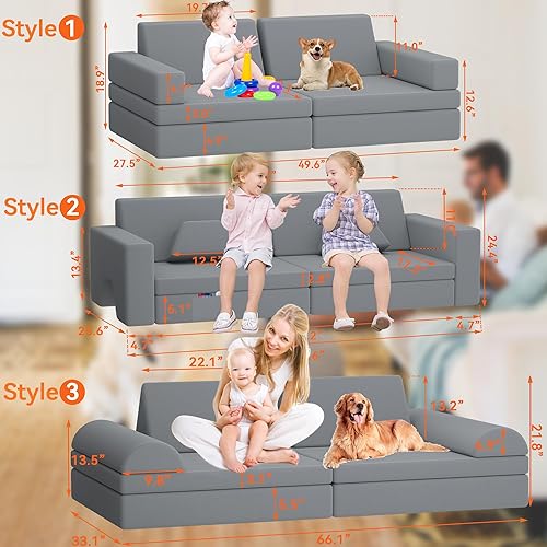 Miniatura 8 de SENSWEET Sofá infantil de 8 piezas, sofá Nugget para niños para sala de juegos, dormitorio, sofá multifuncional para niños pequeños para interiores