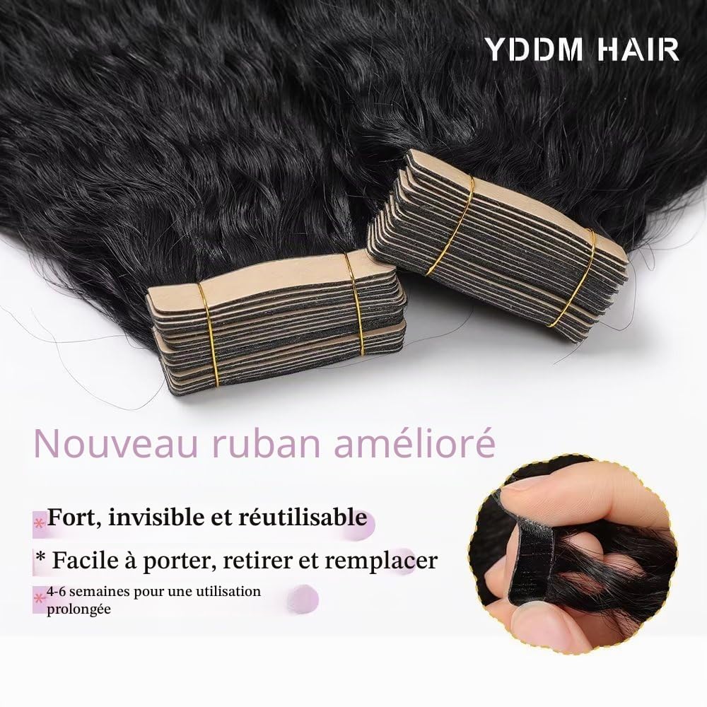 YDDM Tape in Noir Hair Extensions Kinky Straight cheveux naturel afro femme，cheveux afro extension Kinky Straight Tape Extension 100% cheveux humains réels Extension 22inch 20 Pièces/50g