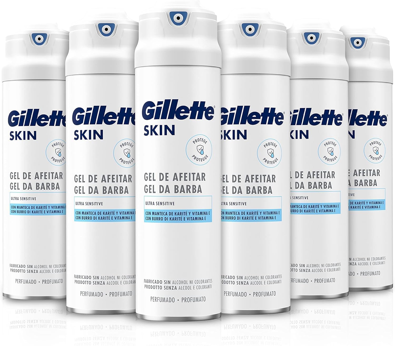 Gillette Skin Ultra Sensitive Gel de Afeitar Hombre para Pieles Sensibles, Pack 6x200 ml - Protege, Alivia Y Refresca El Rostro Durante El Afeitado, con Aroma de Manteca de Karité