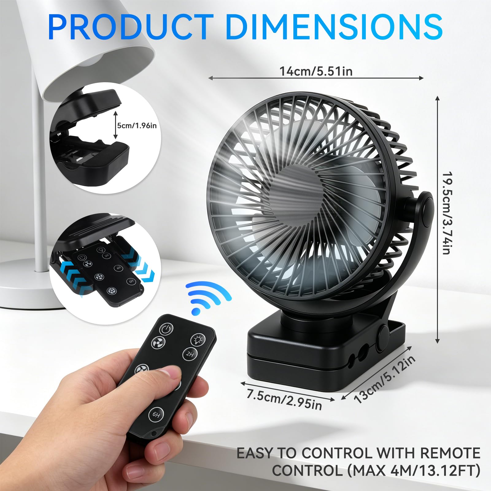 Mini wentylator USB obrotowy 360°, 3 prędkości, 12000 mAh, przenośny, ładowany przez USB, z oświetleniem LED, do namiotu, samochodu, kampera