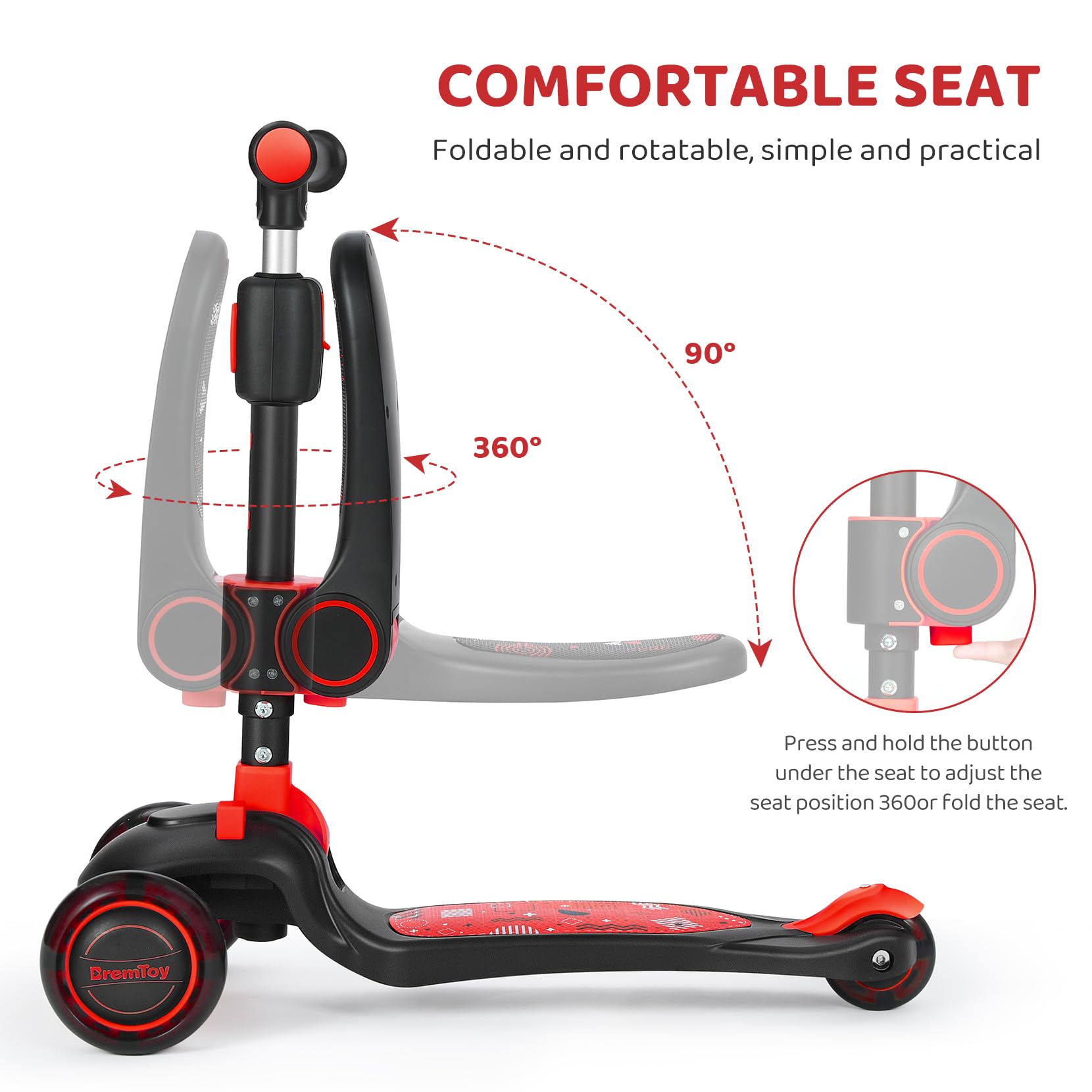BremToy Patinete para Niños 2 Años con Asiento, Scooter 3 Ruedas LED Parpadeantes, Patinete Niños Plegable con Altura Ajustable de 2 a 8 años, Carga Máxima de 50 kg