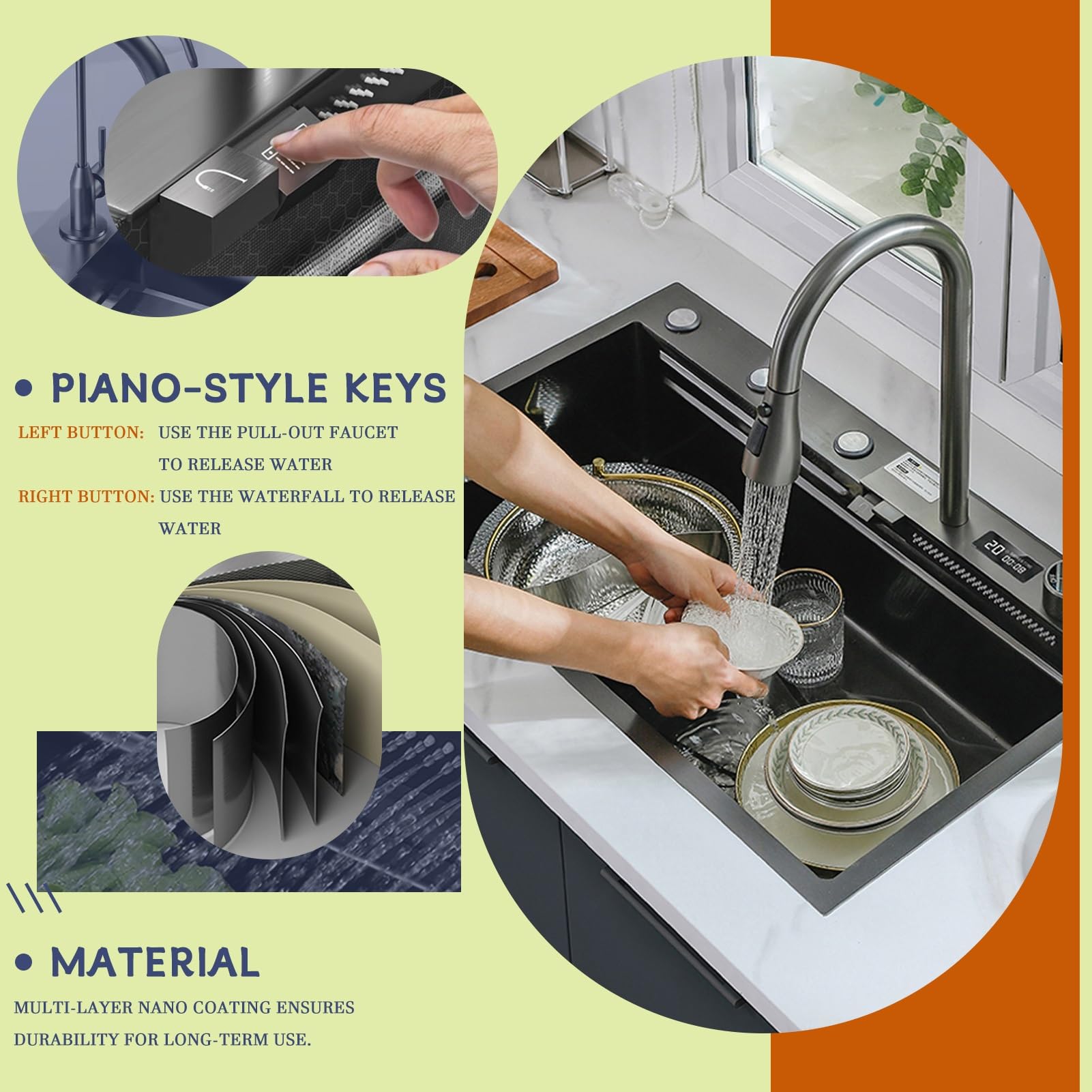 Lavello A Cascata, Lavello Da Cucina In Acciaio Inox Nero, Postazione Di Lavoro A Una Vasca Con Lavabicchieri, Cestello Di Scarico E Rubinetto Estraibile, Lavello Da Montare In Alto, Con Rivestimento