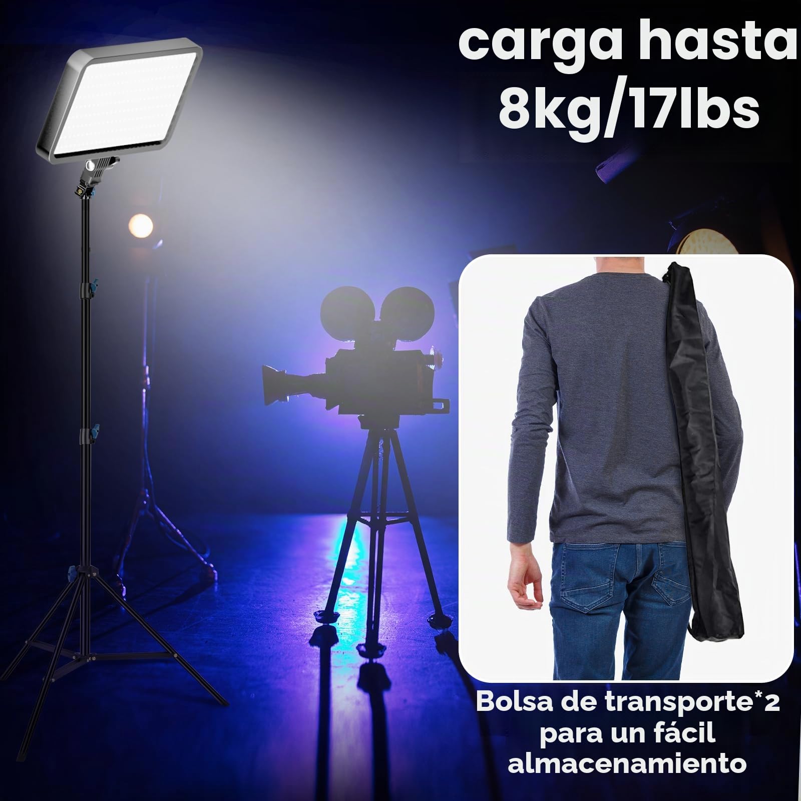 EMART Soporte de Luz 200cm, Trípode para Fotografía de Estudio Ligero con Cabeza Giratoria de 1/4 " y Rotación de 180 Grados, 2,3 kg, Light Stand para Luces Anulares, Cámaras(Negro, 2 Pcs)