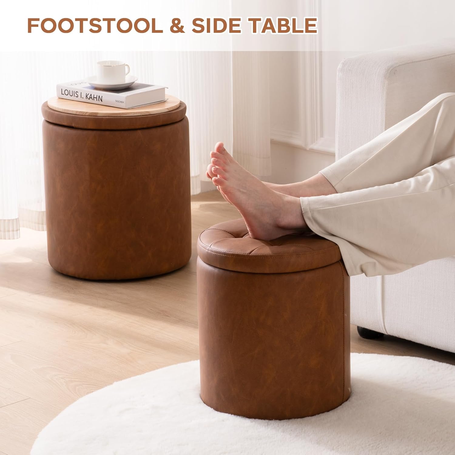 Round Ottoman with Storage Set of 2, 12.6"W x 14.17"H & 14.76"W x 17.32"H Faux Leather Button Tufted Storage Ottoman, Boucle Vanity Stool Footrest Coffee Table for Living Room, Bedroom, Brown - Image 4