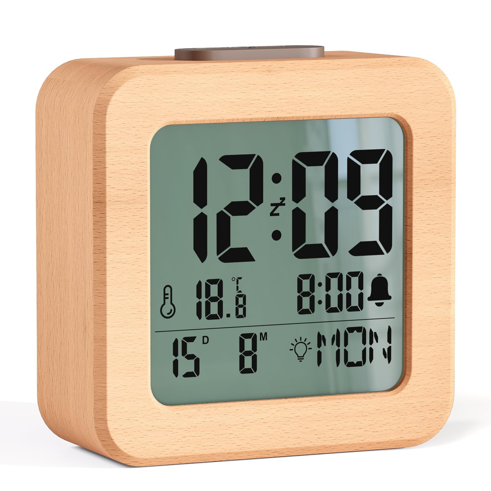 Despertador Digital, Reloj Despertador Digital de Madera Pilas con Sensor de Luz, Retroiluminación LCD, Snooze 5 Min, Temperatura, Fecha y Día de la Semana (Madera)