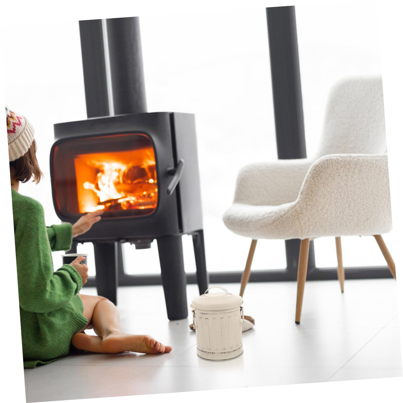 Secchio 1 Cenere Stufa Coperchio con Ferro in Beige Pezzo | Stile Vintage, Grande Capienza, Uso Domestico Interno e Focolare, Lavorazione Curata