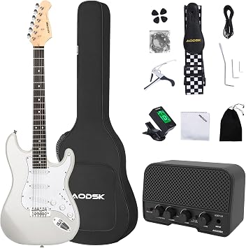 AODSK Electric Guitar with Amp Beginner Kit 39 Inch Solid Body Full Size,All Accessories,Digital Tuner,Six Strings,Four Picks,Tremolo Bar,Strap,Gig Bag,Starter kit White-SSS