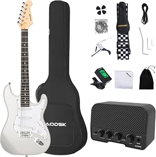 AODSK Electric Guitar with Amp Beginner Kit 39 Inch Solid Body Full Size,All Accessories,Digital Tuner,Six Strings,Four Picks,Tremolo Bar,Strap,Gig Bag,Starter kit (White-SSS)