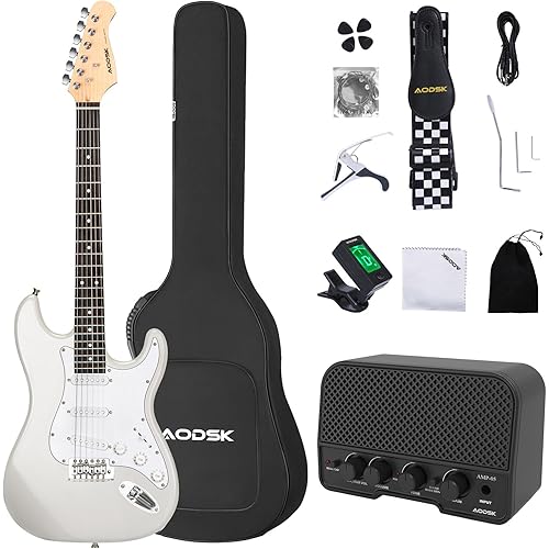 AODSK Electric Guitar with Amp Beginner Kit 39 Inch Solid Body Full Size,All Accessories,Digital Tuner,Six Strings,Four Picks,Tremolo Bar,Strap,Gig Bag,Starter kit (White-SSS)