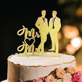 Same Sex Marriage Cake Topper for Wedding 2 Grooms Gay Cake Topper Groom Silhouette Two Grooms Personalized Cake Topper Mr & Mr LGBTQ Wedding Cake Decor LGBT Gold Acrylic Toppers Anniversary