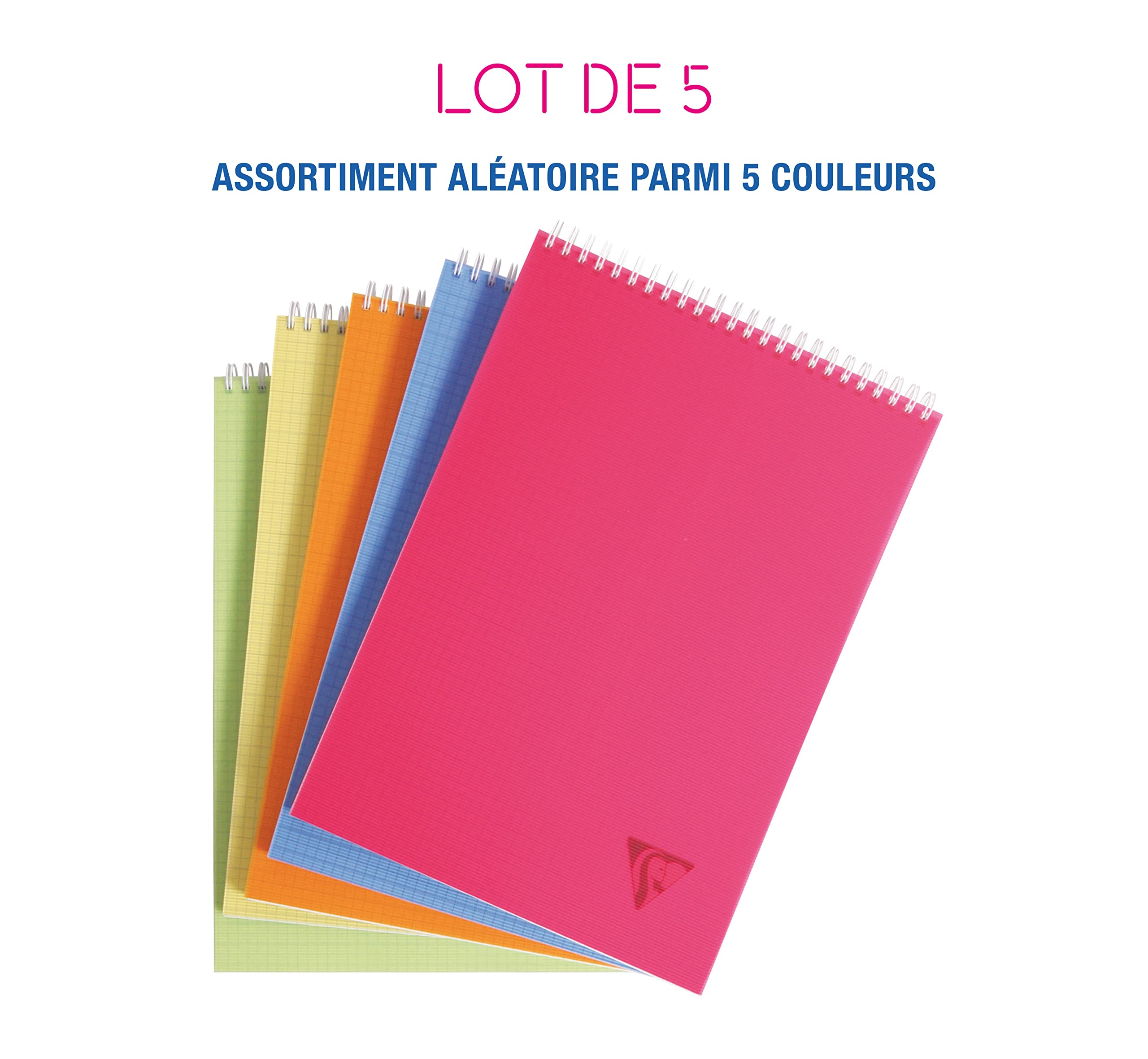 Clairefontaine 328635C Collection Linicolor Fresh Lot de 5 Blocs à Spirale en-Tête - A4 21x29,7 cm - 160 Pages Détachables Petits Carreaux - Papier Blanc 90g - Couverture Polypro - Couleurs Aléatoires