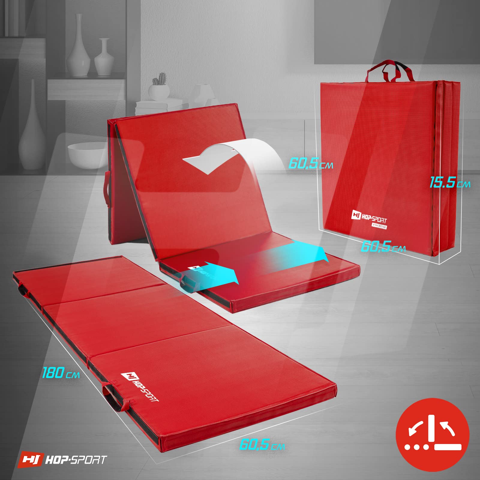 Hop-Sport Turnmatte klappbar - Bodenweichmatte für zuhause 180x60x5cm - Fitnessmatte, Gymnastikmatte mit Tragegriffen und Klettverschluss Dicke 4cm / 5cm