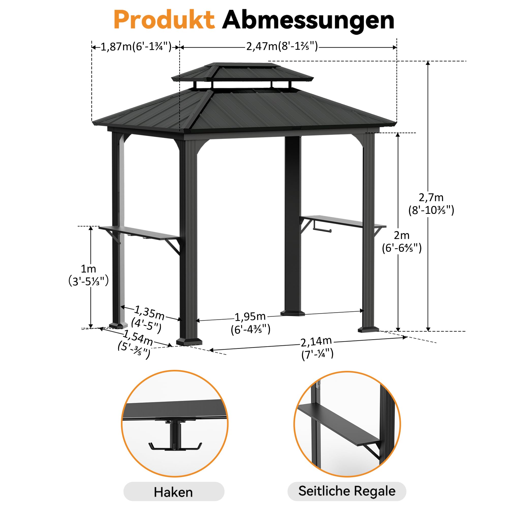 Modern Shade Grillpavillon 2,5 x 1,9 m, Wetterfeste Aluminium Gartenpavillon mit Regalen & Decken-Haken, Outdoor Hartdach-Grillüberdachung mit feuerverzinktem Stahldach, für Terrasse Rasen Garten BBQ