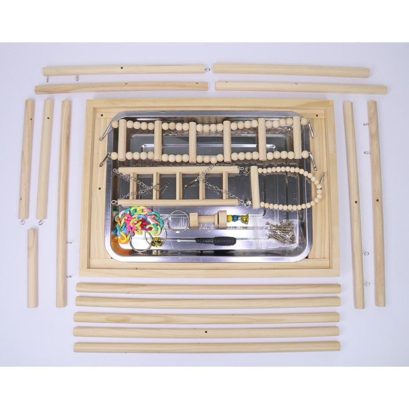 1 Parrot Playground Zona de Juegos para Pájaros Juguete Mordedor de Madera con Gimnasio Escalera Y Columpio Estructura Segura Fácil de Instalar Adecua, 18.9x13.19x37.2inch