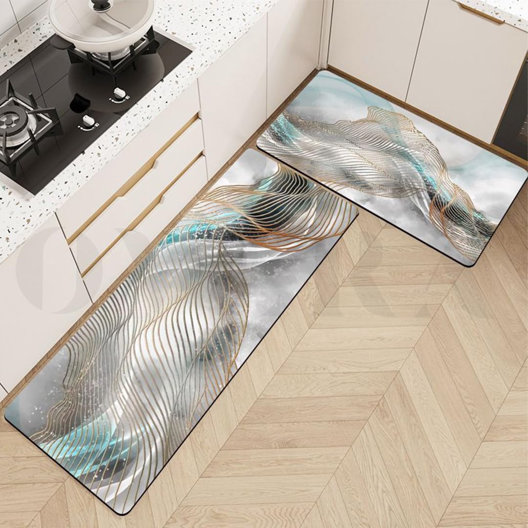 overa Moon Kitchen Rugs Set 2 Pieces Black Non Skid Kitchen Floor Rug and Mat Kitchen Runner Rug Standing Area Mat for Kitchen Floor Decor (Abstract Art) 1