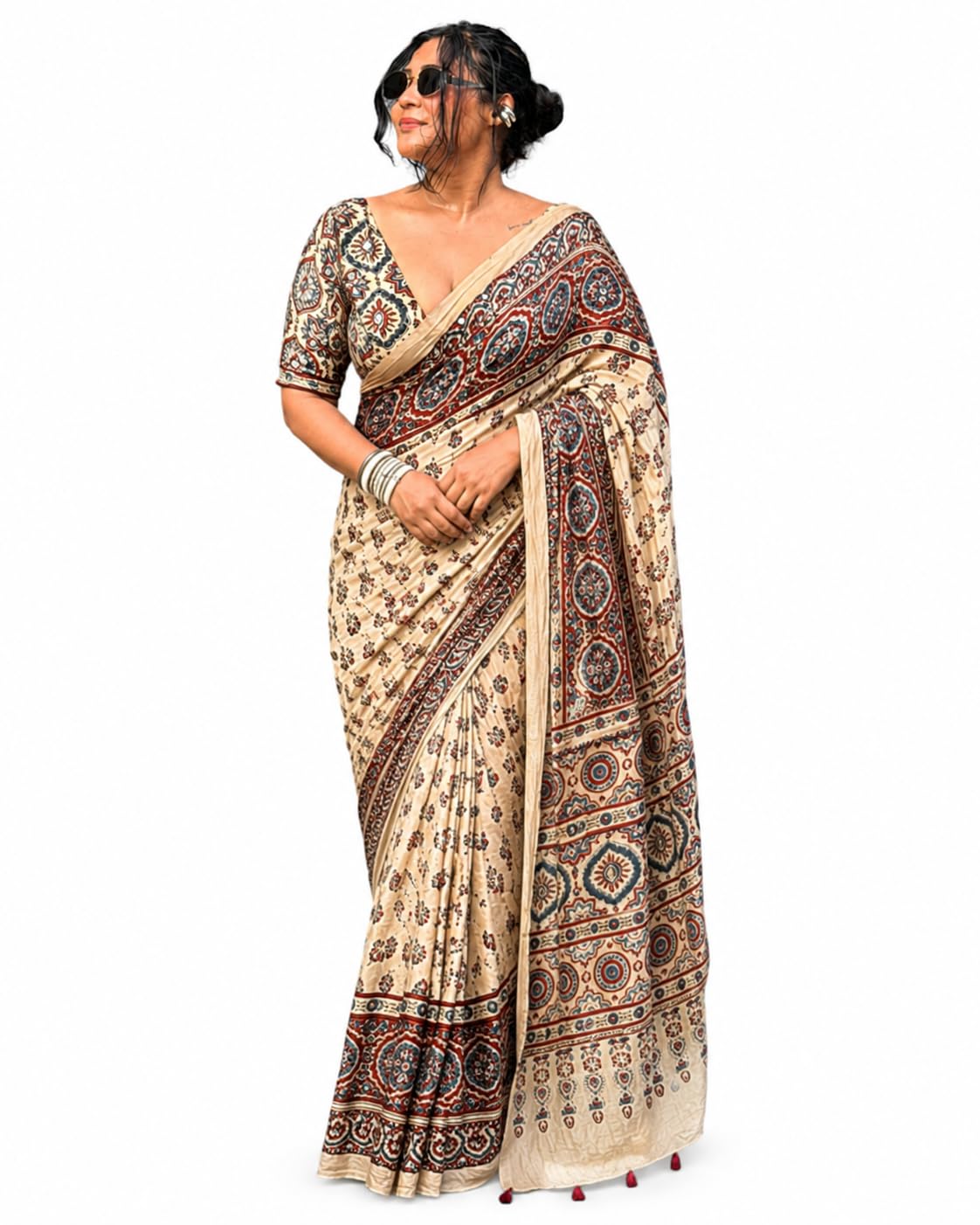 Women's Ivory Modal Silk Ajrakh Printed Saree with Matching Unstitched Blouse | Traditional Ethnic Saree with Tassel Pallu | Cultural Occasion Wear-picture-16
