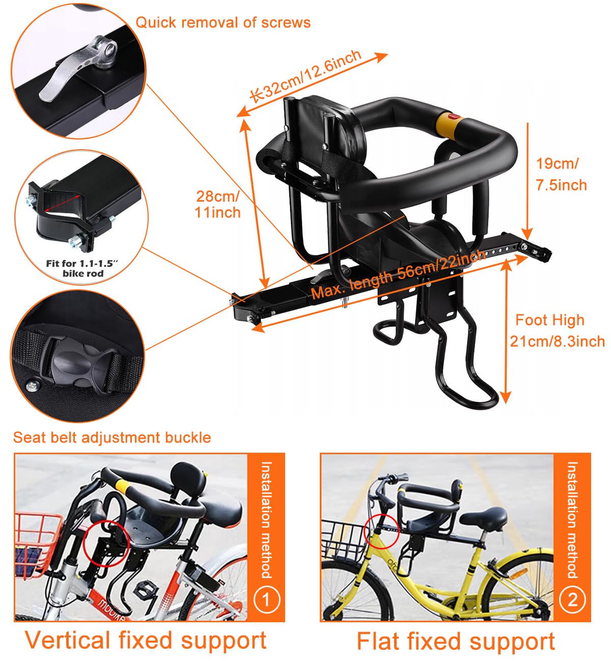 Siège Enfant Avant Pour Vélo Avec Manubrio - 2 à 5 Ans - Sgehai - Noir - Neuf