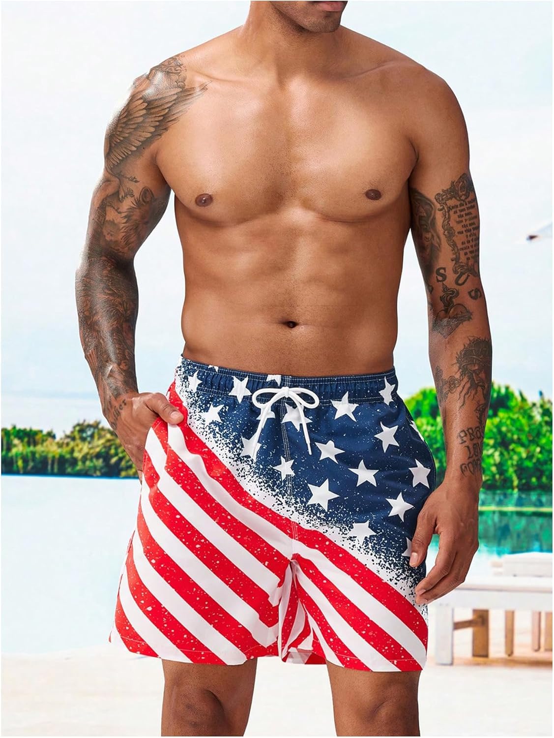 OYOANGLE Men's American Flag Print Swim Trunks Drawstring Board Shorts Beach Shorts with Pockets - Image 4