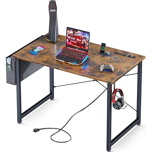 AODK 32 inch Small Computer Desk with Power Outlet for Small Spaces Home Office Student Laptop PC Writing Desks with Storage Bag Headphone Hook, Vintage