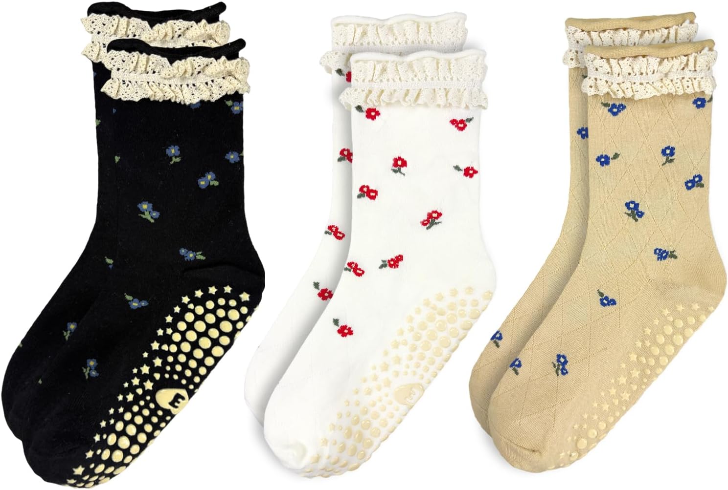 3 Pairs Pilates Grip Ankle Socks for Women – Cute Floral Ruffle Yoga Socks, Non Slip Barre Grip Socks