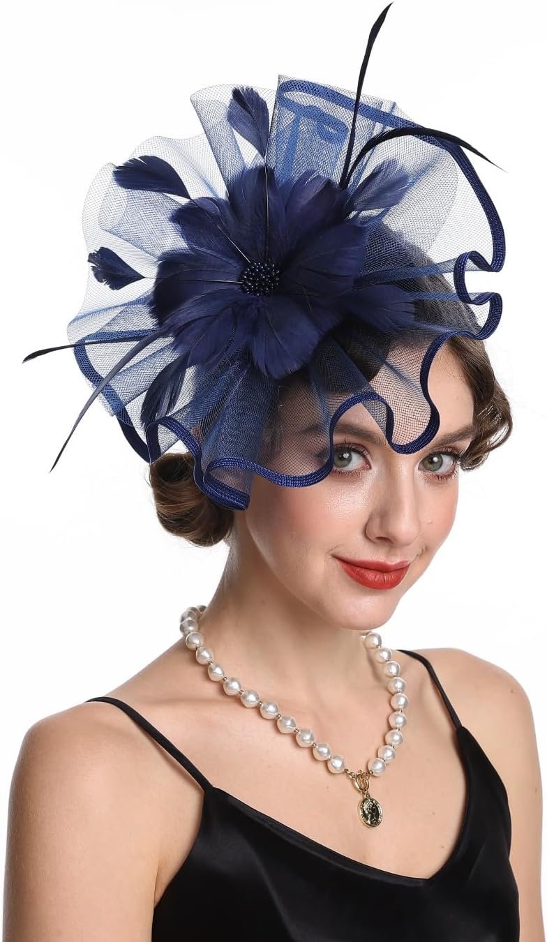Fascinator Hat Feather Mesh Net Veil Party Hat Ascot Hats Flower Derby Hat with Clip and Hairband for Women