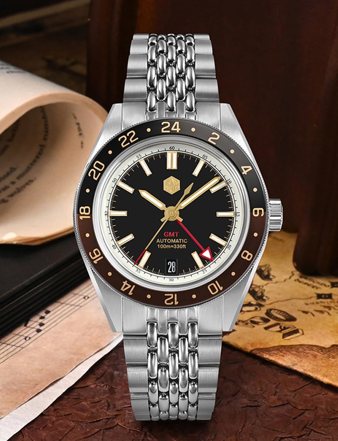 San Martin SN0116G Dive Watches for Men NH34 GMT Watch Mechanical Sapphire Mirror Full Luminous 10ATM Waterproof Wristwatch, 39.5MM Stainless Steel