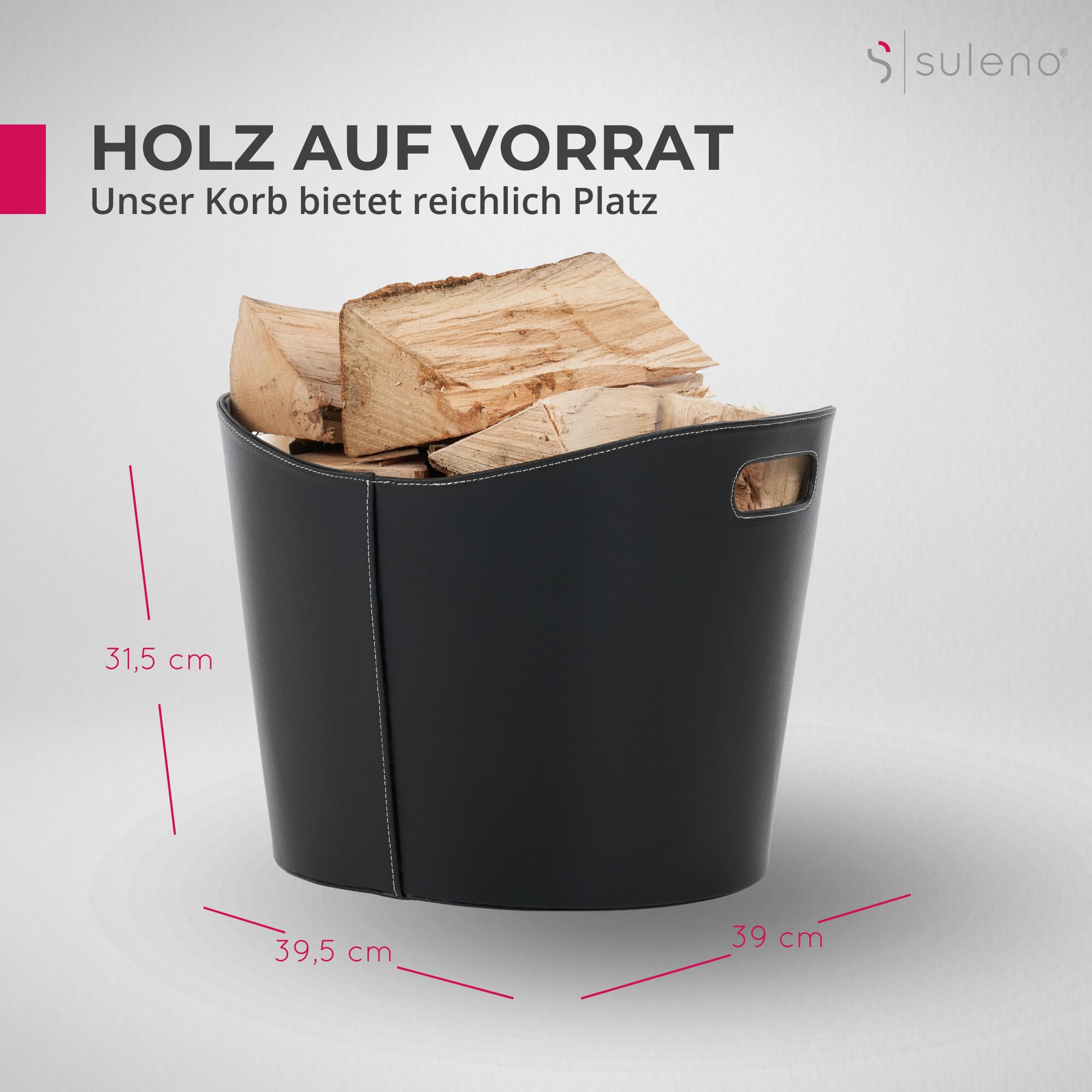 SULENO Holzkorb WEXFORD Brennholzkorb Kunstleder, L - 31,5 x 39,5 x 38 cm | schwarz, Kaminholz, Kaminholzkorb