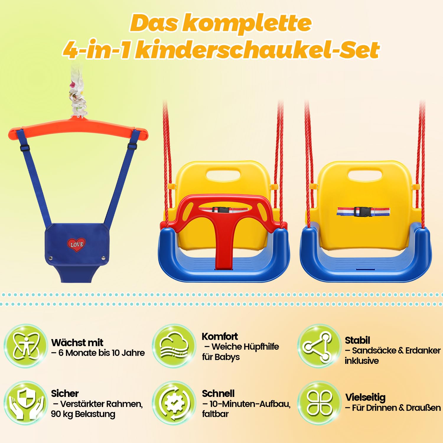 Balançoire pour bébé 4 en 1 avec armature - Balançoire pour enfant - Avec ceinture de sécurité - Pliable et 4 sacs de sable - Pour l'intérieur et l'extérieur - Facile à monter