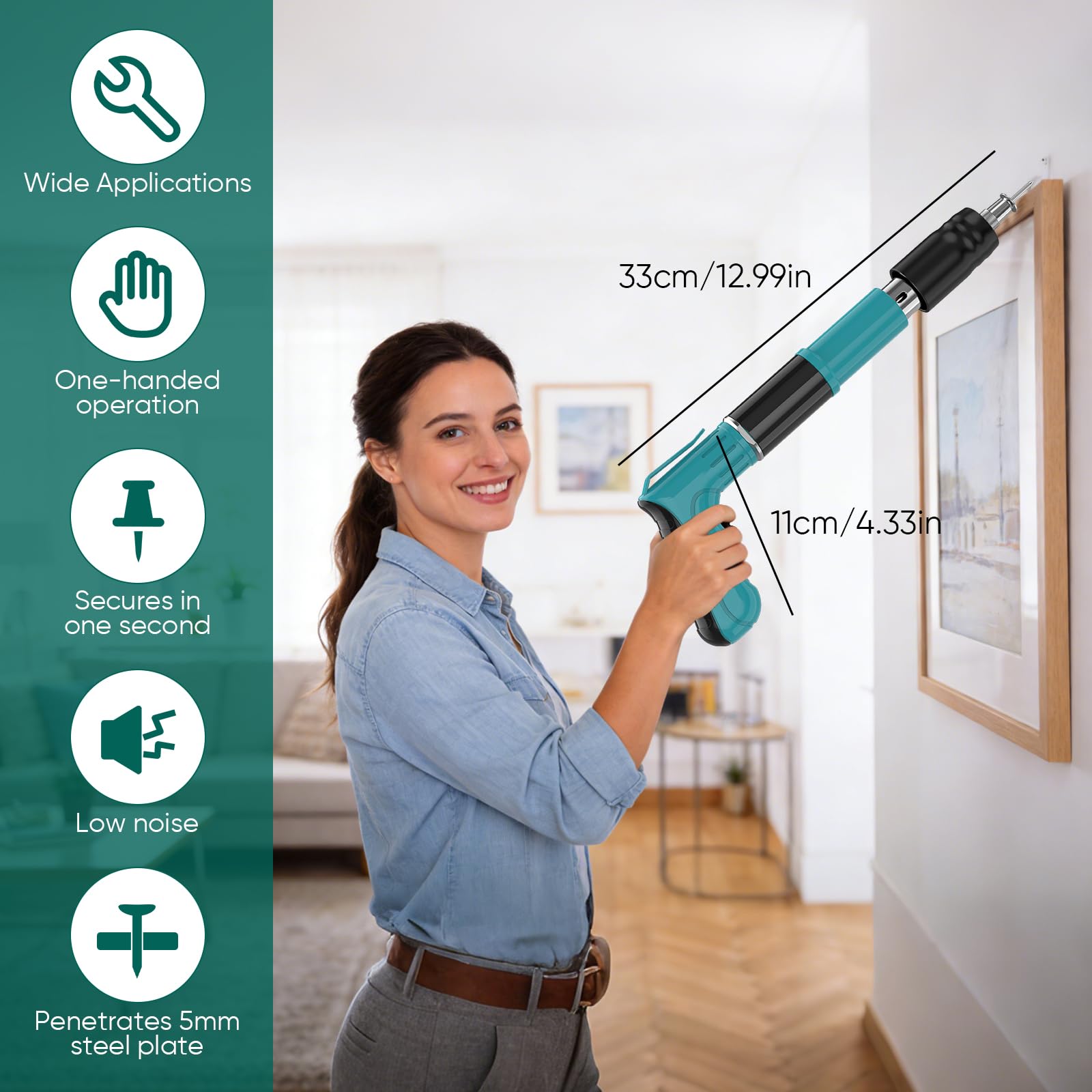 Cloueur manuel pour béton 5 vitesses réglables, Pistolet à Clous avec absorption acoustique 360°, outil de fixation pour mur plafond bois, installation électrique cadre photo