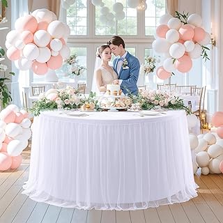 White Tulle Round Table Cloth for 60 Inch Round Tables, White Banquet Tablecloth Table Cover Skirt, Floor Length Tablecloths, Circle Tutu Tulle Tablecloth for Wedding Party Baby Shower