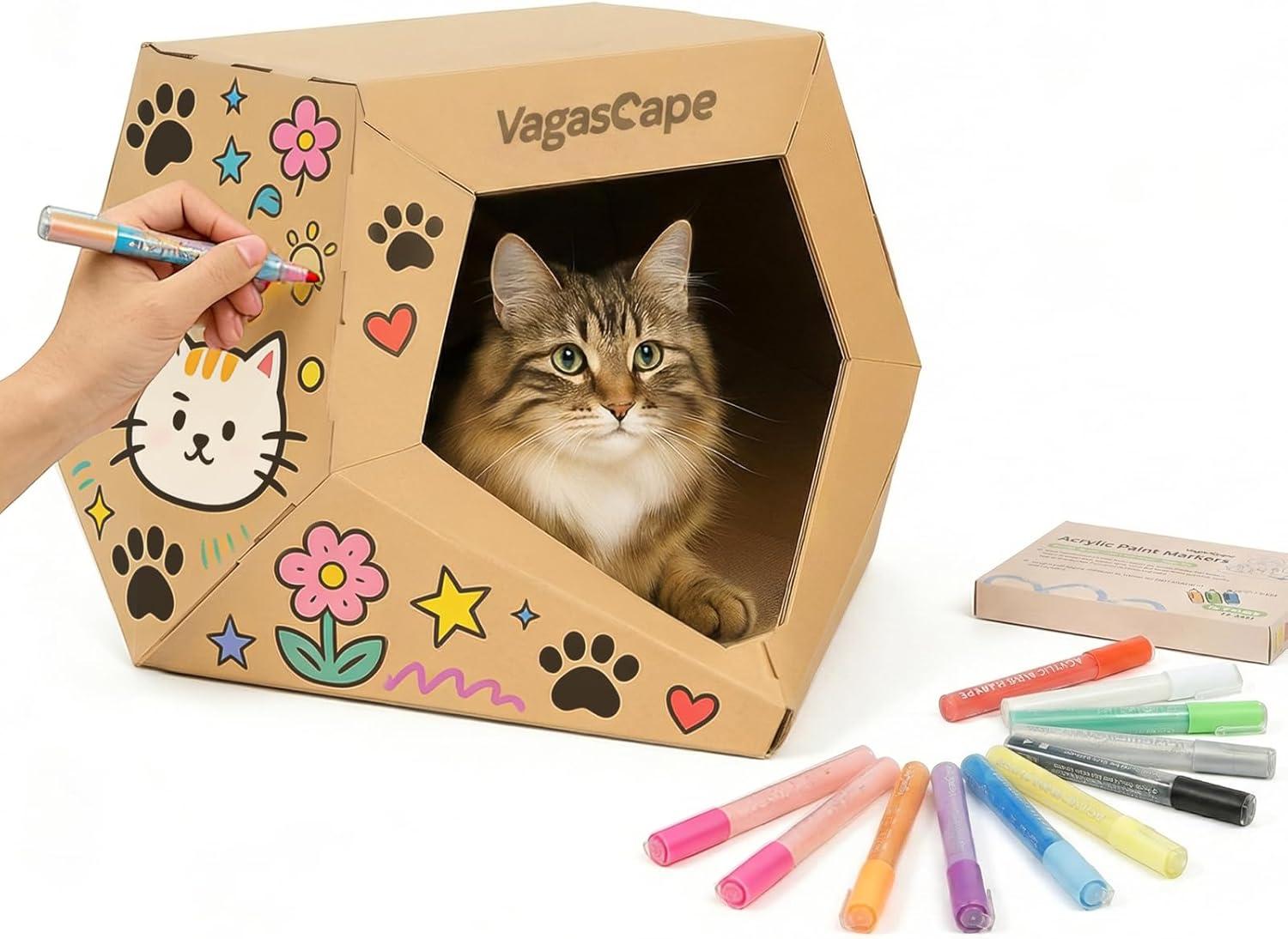 Vagascape DIY Cardboard Cat House with 10 Markers, Creative Cat Scratcher House Play Cave for Indoor Cats and Kittens, Washable Kraft Paper Cat Scratching House for Family Bonding and Pet Relaxation