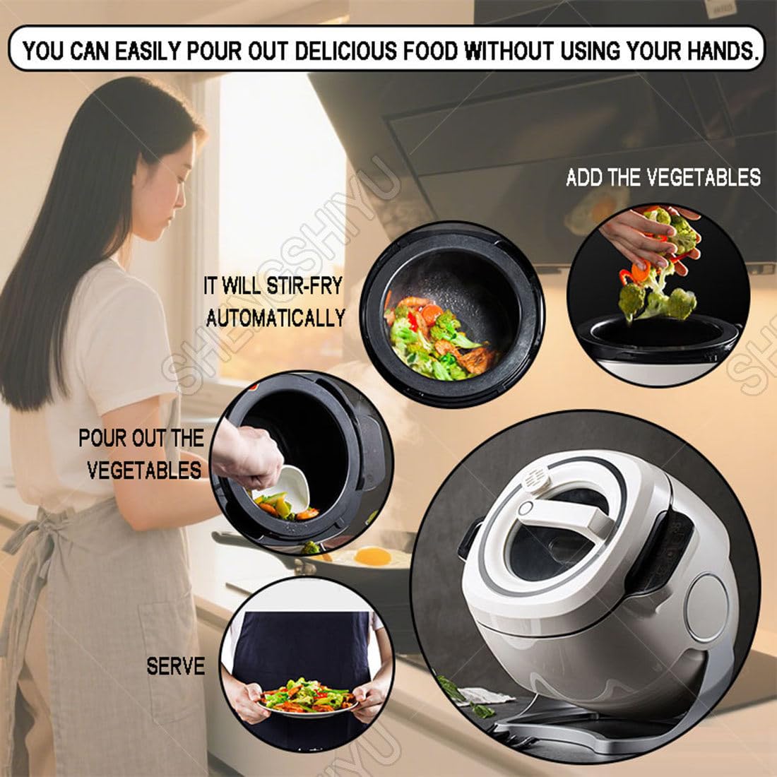 Robot Cucina Multifunzione 2000W Potenza,6L capacità,3 Livelli di Potenza e Rivestimento Ceramico Antiaderente,360° Rimescolamento Automatico per Saltare/Stufare/Servire