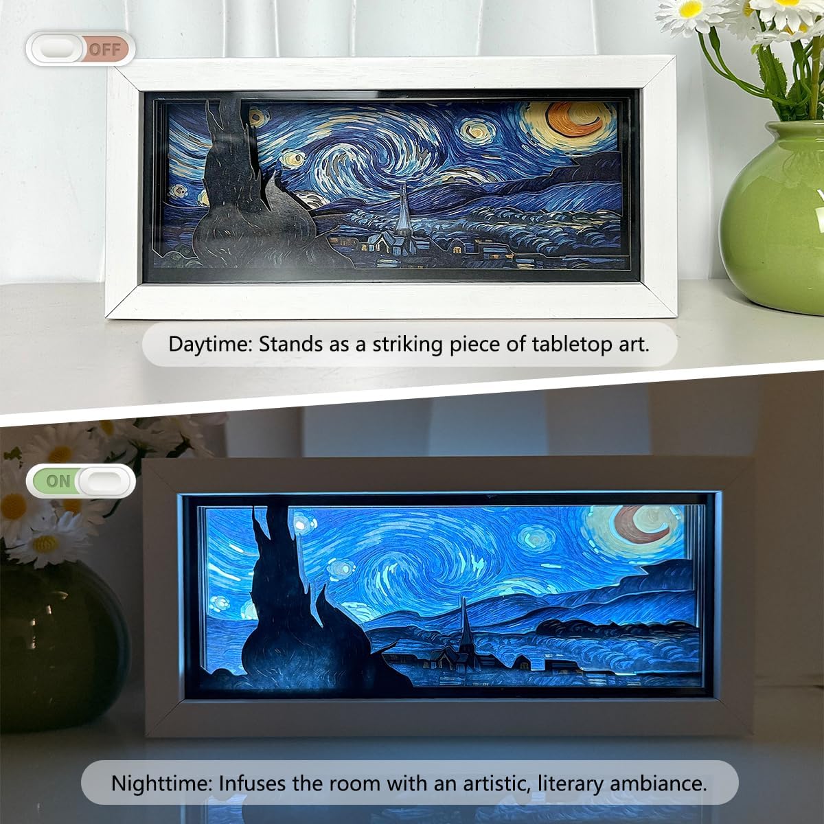 Van Gogh Starry Sky Ambient Paper Carving Lamp, USB Powered, 7 Colors with 7 Dimmable Night Light Modes, Minimalist Nightstand Lamp for Bedroom Living Room Office Bookshelf Decor