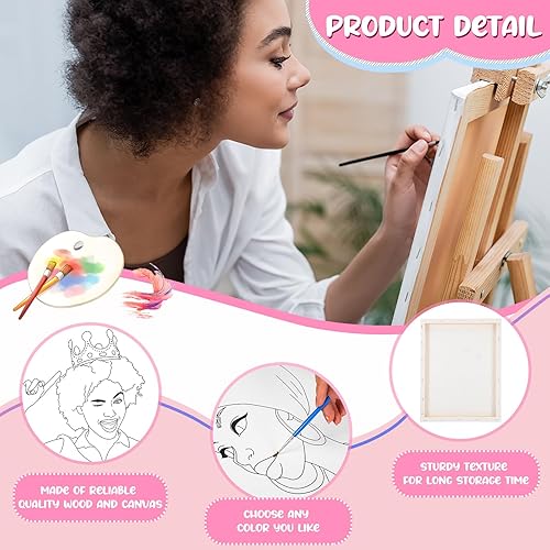 Miniatura 3 de Sherr 10 lienzos de pintura predibujados estirados de algodón Afro Queen, lienzo negro predibujado para adultos y parejas, contorno de lienzo