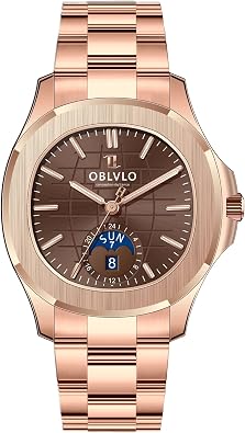 OBLVLO Luxury Watch, Rose Gold Stainless Steel Band, Blue Dial, Day-Date Display
