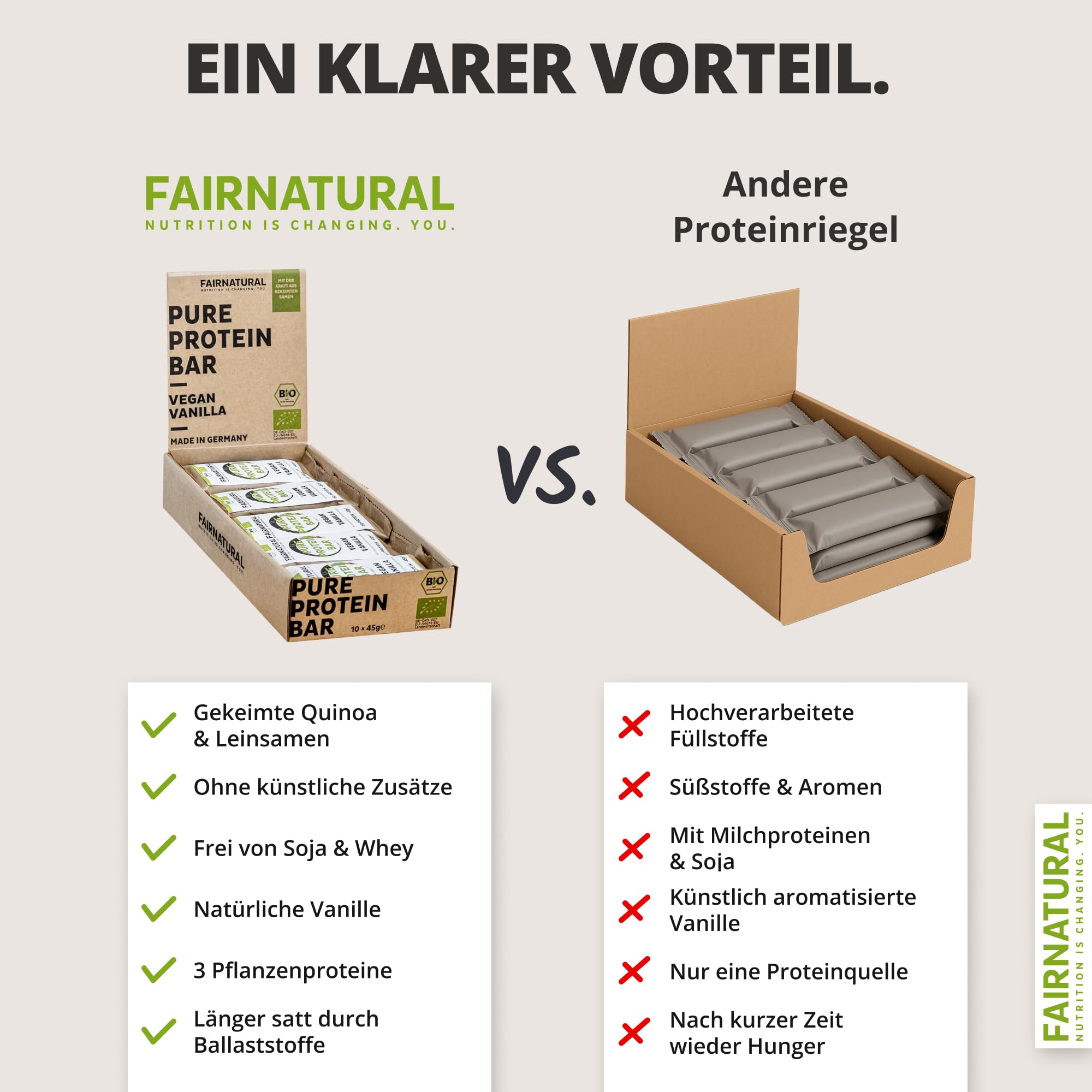 FAIRNATURAL® Protein Riegel Vegan Vanille [10x45G] - Vegane Whey Proteinriegel ohne Soja & zugesetztem Zucker - Eiweißriegel Herstellung in DE - Pflanzliche Energieriegel - Protein Bar - Snack Riegel