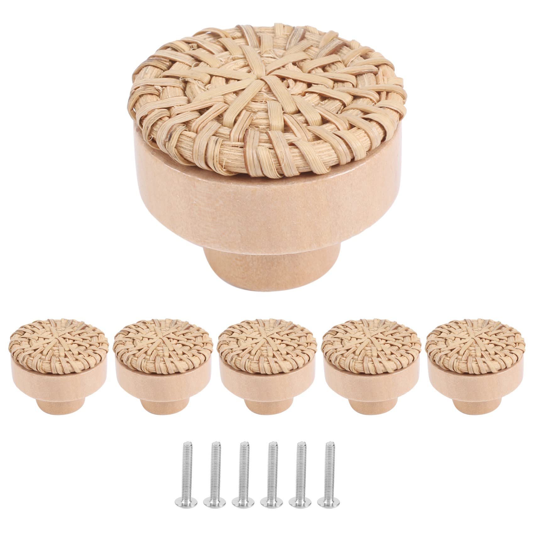 Ocnvlia Boho Rattan Dresser Knobs Round Wooden Drawer Knobs Handmade Wicker Woven and Screws for Boho Furniture Knobs 6Pcs