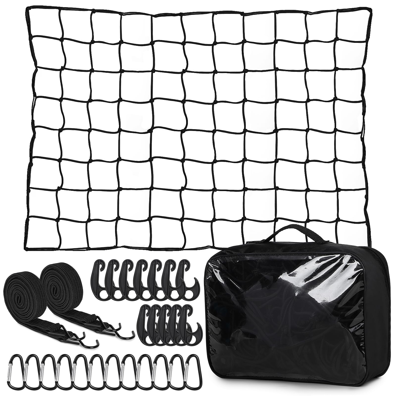EFUTURETIME Filet à Bagages Elastique Extensible de 1,2m x 0,9m à 1,8m x 2,4m Filet Remorque avec 12 Mousquetons, 12 Crochets, 2 Sangles de Serrage avec Crochets