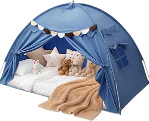 Toddler Bed Tent Canopy for Girls & Boys with Star Lights, Easy Setup Twin Kids' Bed Canopy & Privacy Playhouse, Portable Indoor Play Tent, 80x40x47 Inches (Blue)