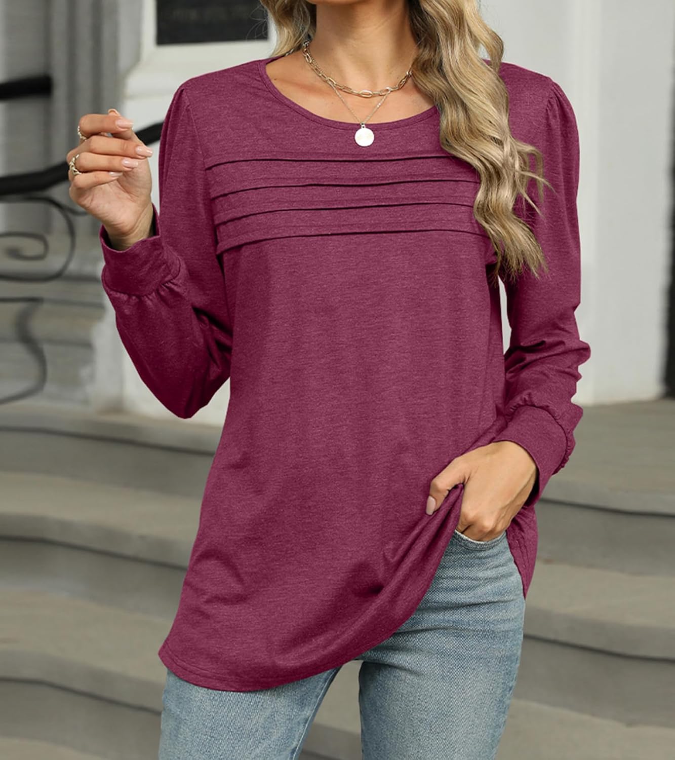 Fashionme 2025 Spring Tops For Women Puff Long Sleeve Pleated Front T Shirts Dressy Casual Basic Tees Tunic - Image 7