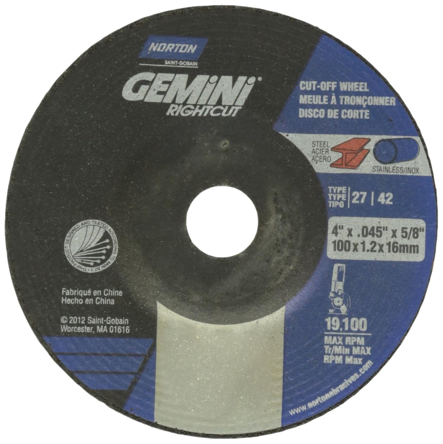 Norton Gemini Right Cut Right Angle Grinder Reinforced Depressed Center Abrasive Cut-Off Wheel, Type 27, Aluminum Oxide, 5/8" Arbor, 4" Diameter x 0.045" Thickness (Pack of 25)
