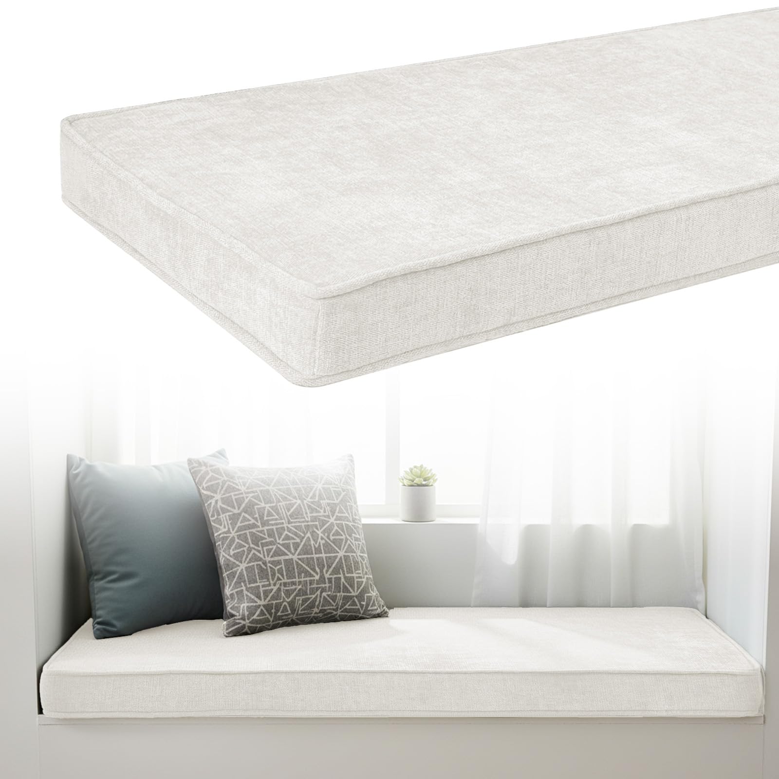 Chenille Bench Cushion 5cm Thick, Anti-Slip Bay Window Seat Pad 200x45x5cm